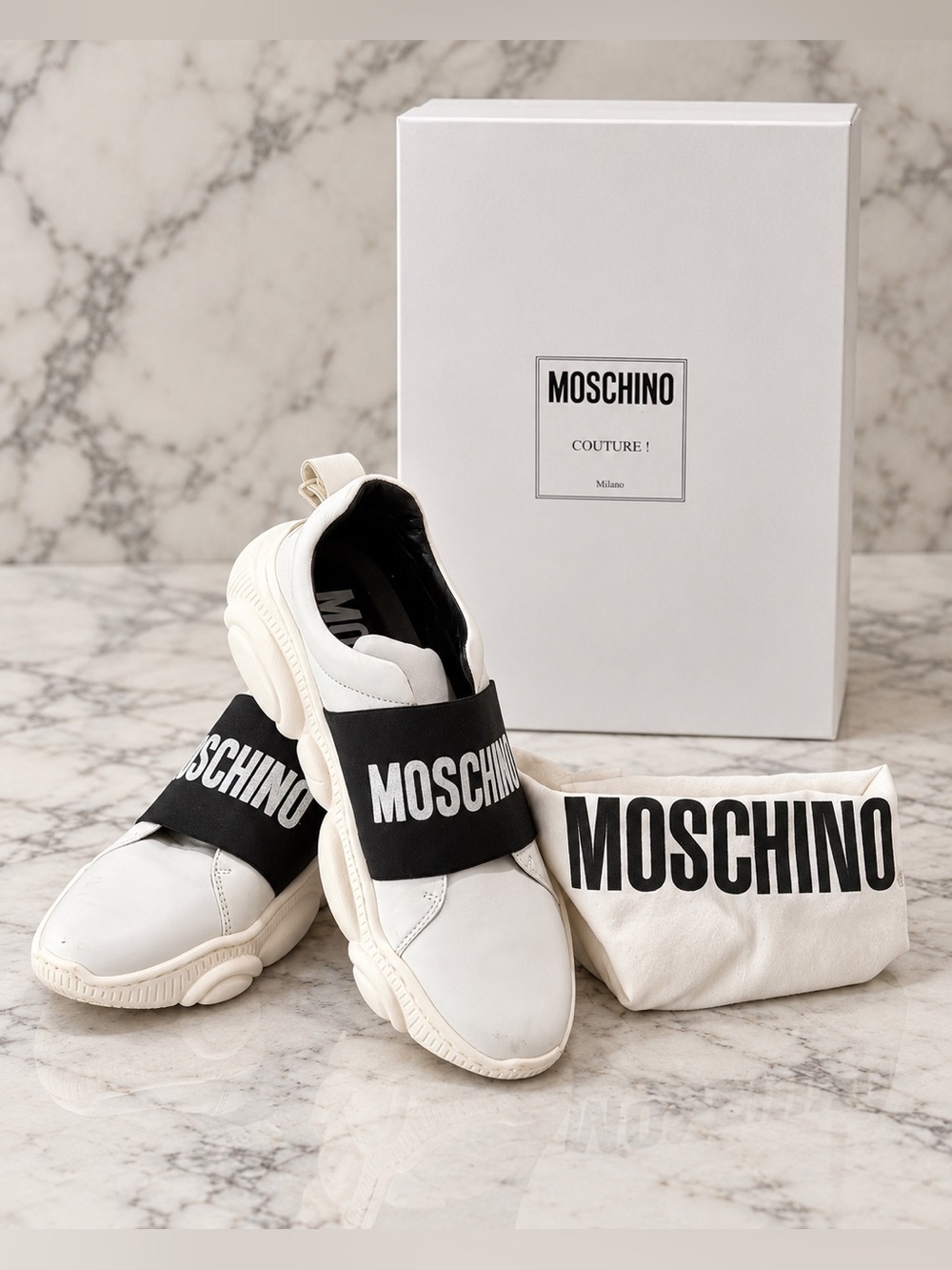 Moschino White Logo Strap Slip-On Sneakers – EU 39